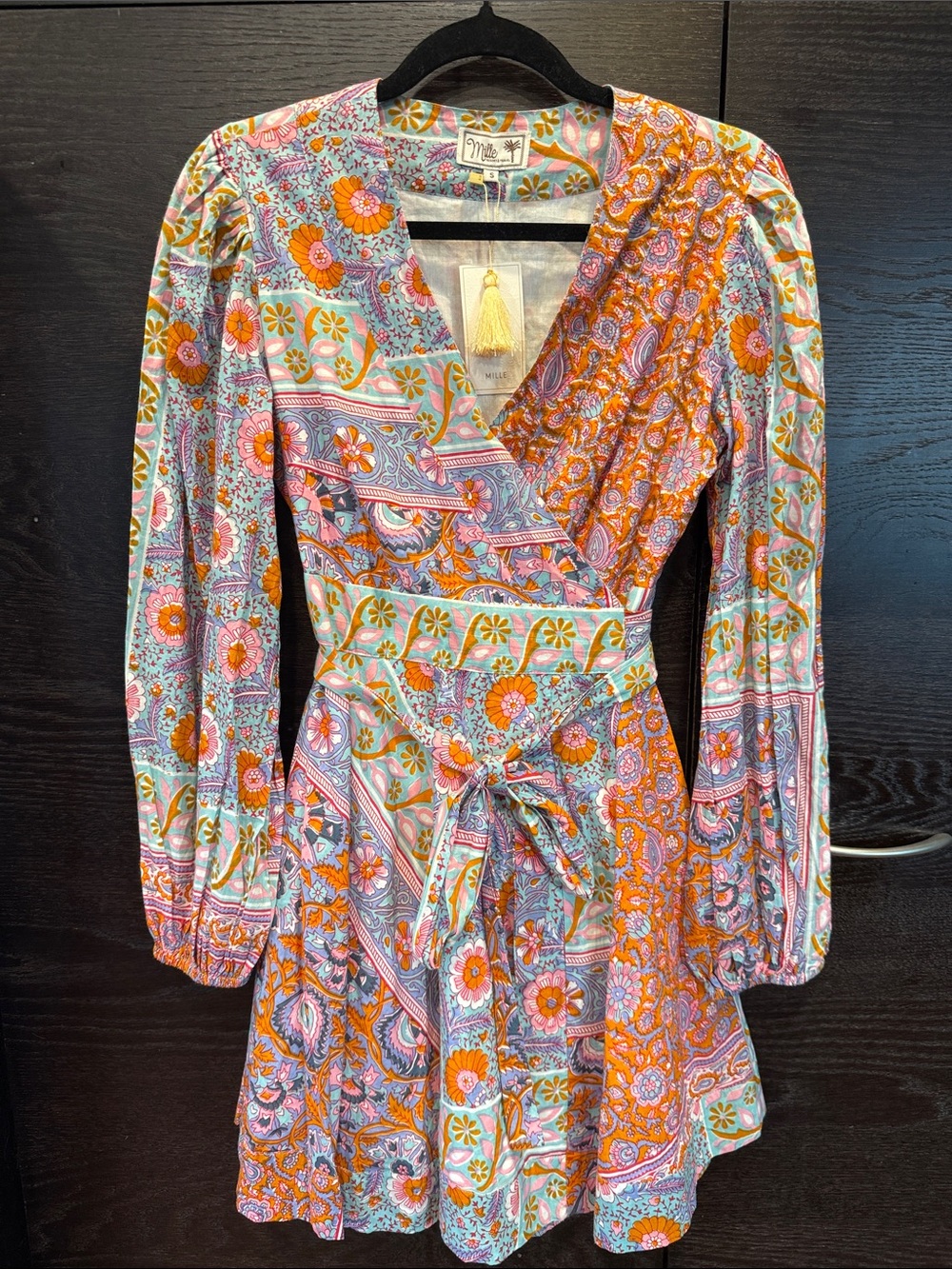 NWT Mille Resort Floral Wrap Long-Sleeve Mini Dress in Orange Pink Blue